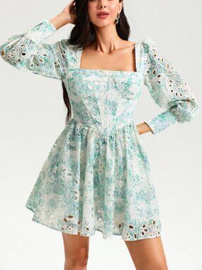 Jardinvue Floral Eyelet Mini Corset Dress Puff Sleeve Square Neck NWT S